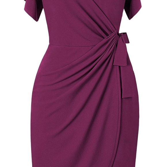 OTEN Women’s Deep V Neck Ruffle Sleeve Sheath Casual Cocktail Faux Wrap Dress - Picture 3 of 9